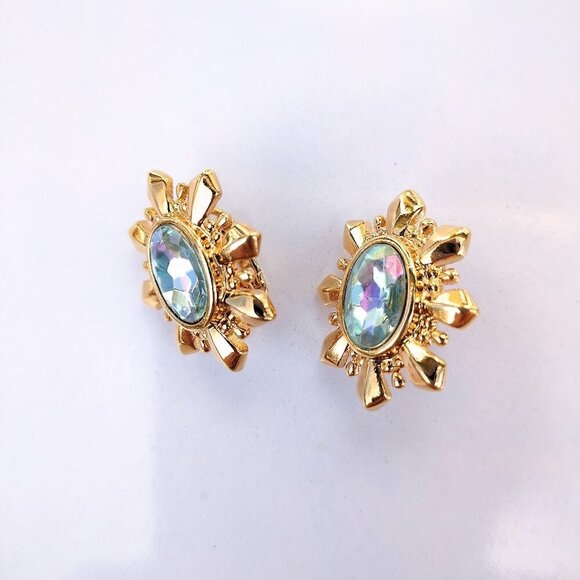 Avon Vintage 80's Blue Starburst Simulated Aquamarine Clip On Earrings Gold Tone - Picture 2 of 8